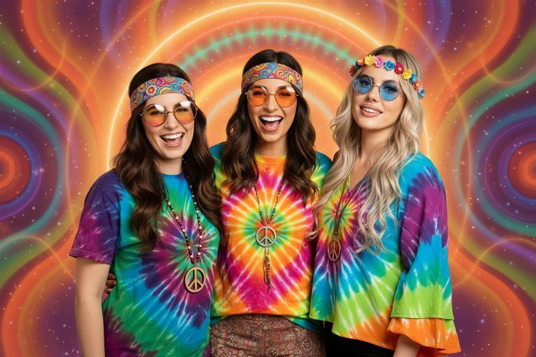 Efekt fotobudki AI: trzy kobiety w stylu hippie na psychodelicznym tle